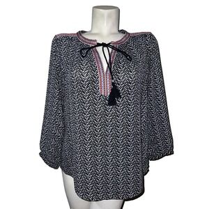 DR2 Womens Black White Herringbone Boho Tassel Tie Neck Blouse Top Size M